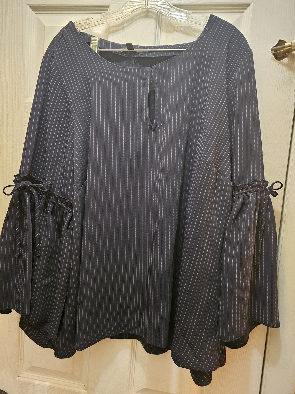 Lane Bryant Navy Pinstripe Bell-Sleeve Tunic with Ties